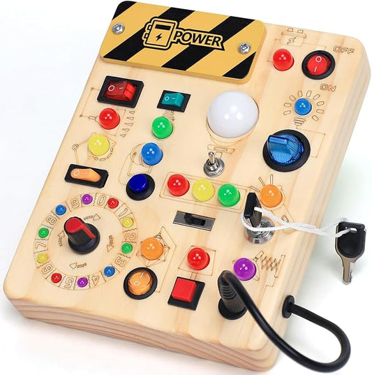 Busy Board with LED Light Switches, Montessori Toys for 1 2 3 Years Old, Toddlers Wooden Toy Sensory Activity Board, Travel Toys for 1+ Year Old Boy & Girl Birthday Gift