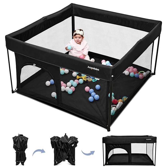 ANGELBLISS 50x50 Foldable Baby Playpen with Carrying Bag & Safety Lock - ASTM F406 Certified Baby Fence for Indoor/Outdoor, Lightweight Portable Play Yard with Breathable Mesh (Black)