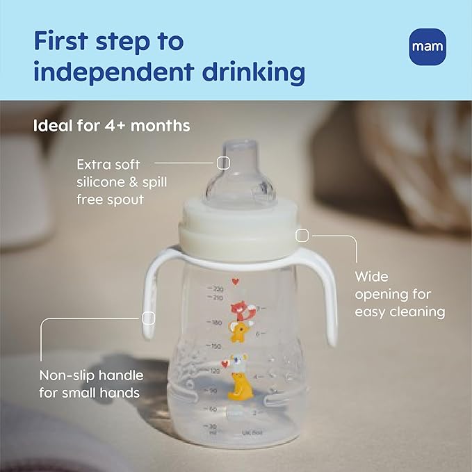 MAM Trainer Sippy Cup for Toddlers 1-3, 8 oz. Transition Drinking Cup with Extra-Soft Spout, Spill-Free Nipple, and Non-Slip Handles, for Boys 4+ Months, 1 Count