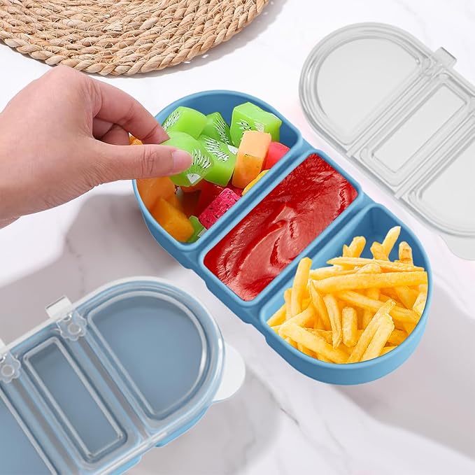 Silicone Snack Containers 3 Compartments Reusable Snackle Box with Lids Portable Food Storage for Picnic Lunch Office Gym School BPA-Free & Dishwasher Safe (Pink/Blue/Green)