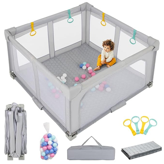 INFANS Foldable Baby Playpen with Mat, 50??x 50??Large Baby Play Yard for Infant with 50 Ocean Balls, 4 Handlers, Carry Bag, Indoor Outdoor Fence Toddler Activity Center (Gray, 50??x 50??