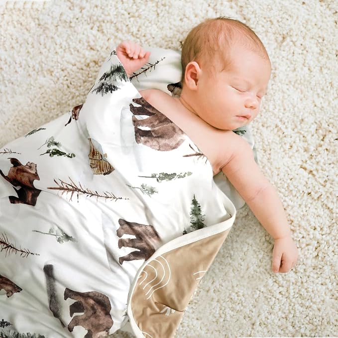 GRSSDER Baby Blankets Super Soft Stretchy Jersey Knit Swaddle Blanket for Girls and Boys, Double Layer Reversible Receiving Blankets 34 x 44, Extra Large for Swaddling, Jungle Bear/Rainbow