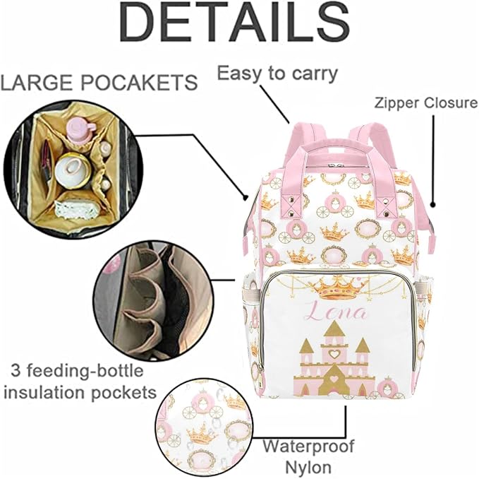 Custom Diaper Bag Backpack with Name Personalized Princess Crown Nappy Bag for Mommy Mother's Day Gift Customized Adjustable Shoulders Nursing Bag Daypack
