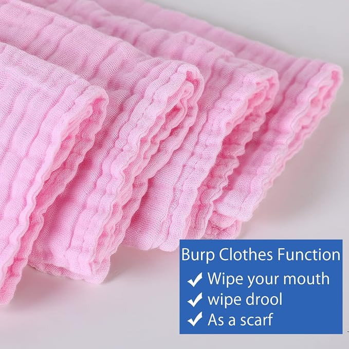 Muslin Baby Burp Cloths 10 Pack Large 100 Cotton Hand Washcloths 6 Layers Extra Absorbent and Soft (Pack of 10,Pink)