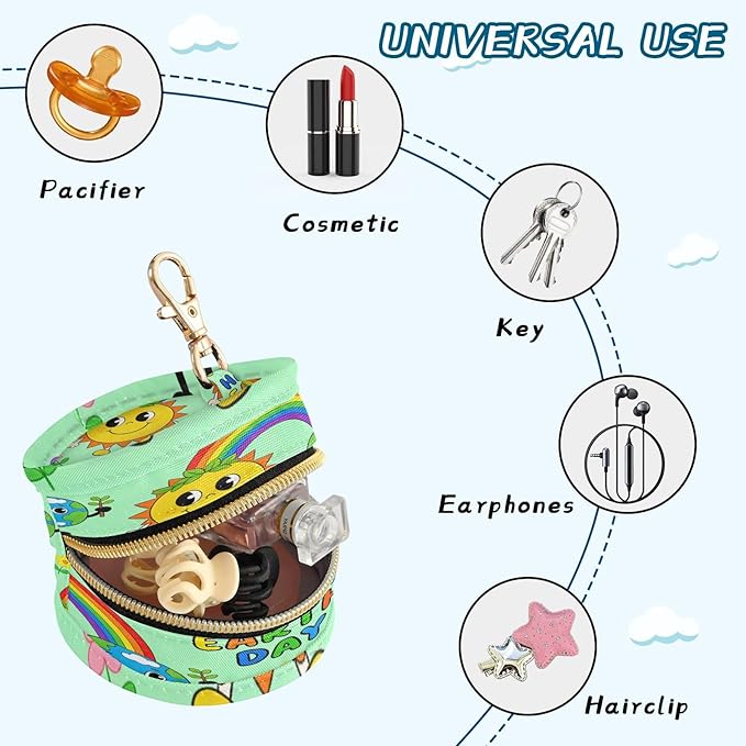 Pacifier Holder with Clip Pacifier Case for Diaper Bag Round Baby Pacifier Pouch Box Bag Portable Earth Sun Rainbows Green