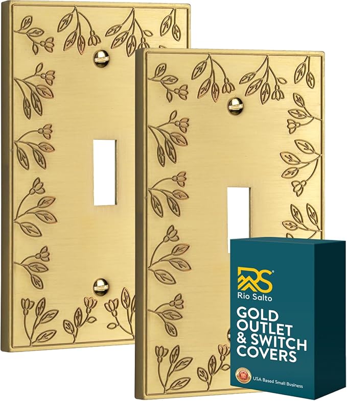 Rio Salto Floral Collection Brushed Brass Gold 1-Gang Toggle Flip Switch Wall Plates, Midsize 5" x 3.13" Metal Light Switch Plate, Decorative Wall Outlet Covers, Premium Heavy-Gauge Wall Plates