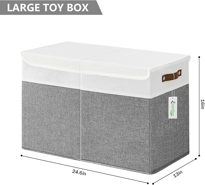 Bagnizer Large Toy Storage Box with Lids, Collapsible Sturdy Baby Storage Organizer Chest Bin Basket for Kids, Boys, Girls, Playroom, Nursery, Bedroom, Closet 25"x13"x16" (Gray and White)