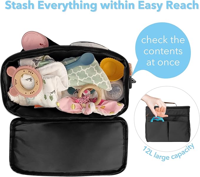 Miracle Maby Stroller Organizer Bag for Mom, Baby Trolley Bag - Compatible with Any Stroller - Multifunctional Large Capacity（Black-12L）