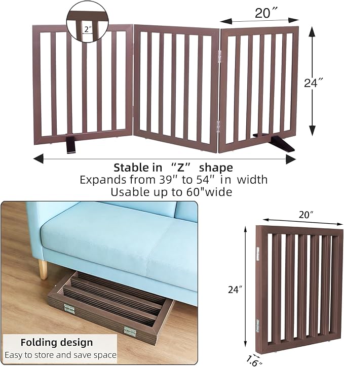 Dog Gate Indoor, Freestanding Dog Fence for The House, Doorways, Hallways,or Stairs,Pet Gate Foldable Wooden,Expandable 24" Height 3 Panels,Brown