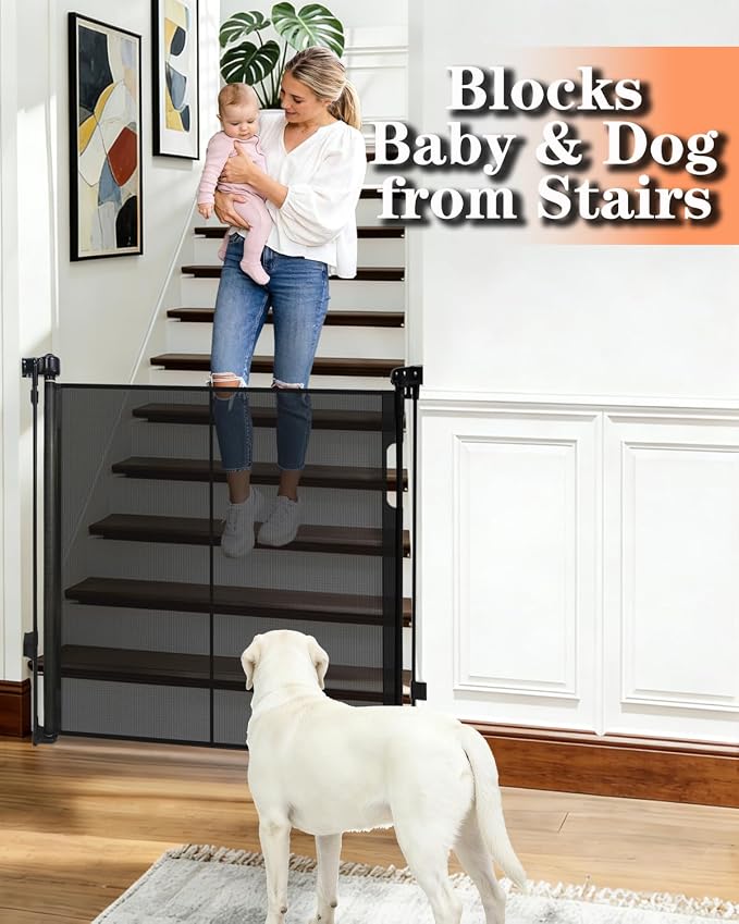 80" Wide Retractable Baby Gate for Stairs, 42" Extra Tall Retractable Dog Pet Gate with Support Rods, Mesh Screen Child Safety Gate for Doorways Hallways Deck Porch, Outdoor Indoor Use