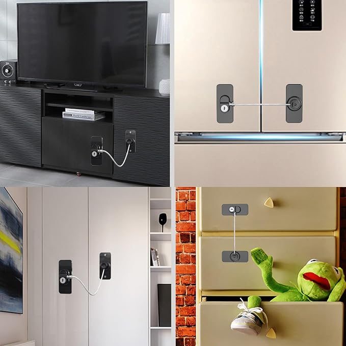 Fridge Lock (2 Pack),Refrigerator Lock with Keys,for Fridge, Cabinet Locks, Drawers, Dishwasher, Toilet and Child Safety Cabinet Locks, Traceless Adhesive No Drilling (Black), 1, AQS2-01