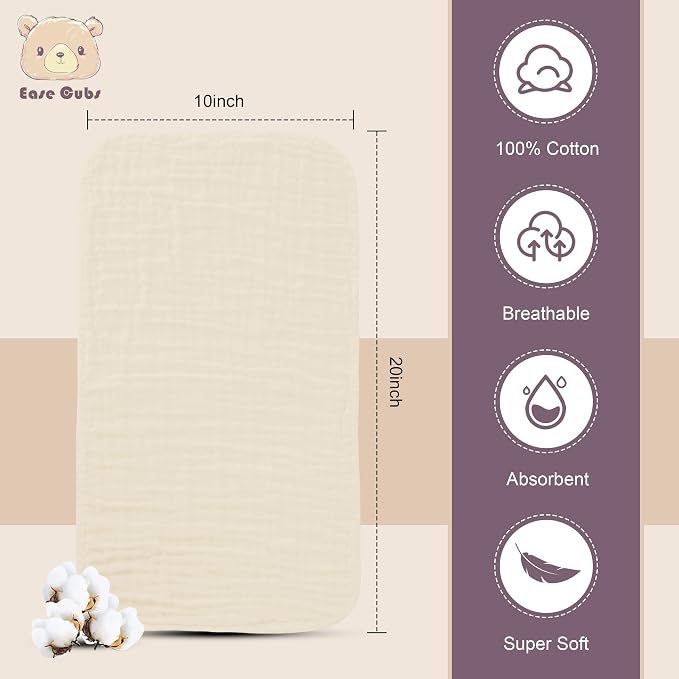 Ease Cubs Muslin Burp Cloths Large 100% Cotton Hand Washcloths for Boys & Girls, Baby Essentials Extra Absorbent and Soft Burping Rags for Newborn Registry (Ivory, 12-Pack, 20" X10")