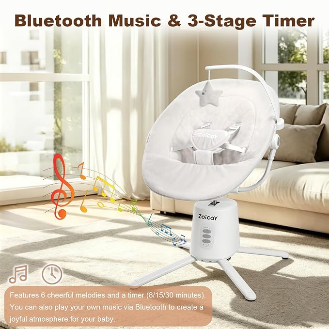 Zoicay Baby Swing,Baby Swings for Infants with 3 Modes & 5 Speeds, BT Enabled App & Remote Control, Electric Swing – 6 Melodies and 3 Timer Setting, 2 Seat Positions and 5-Point Harness Swing (White)