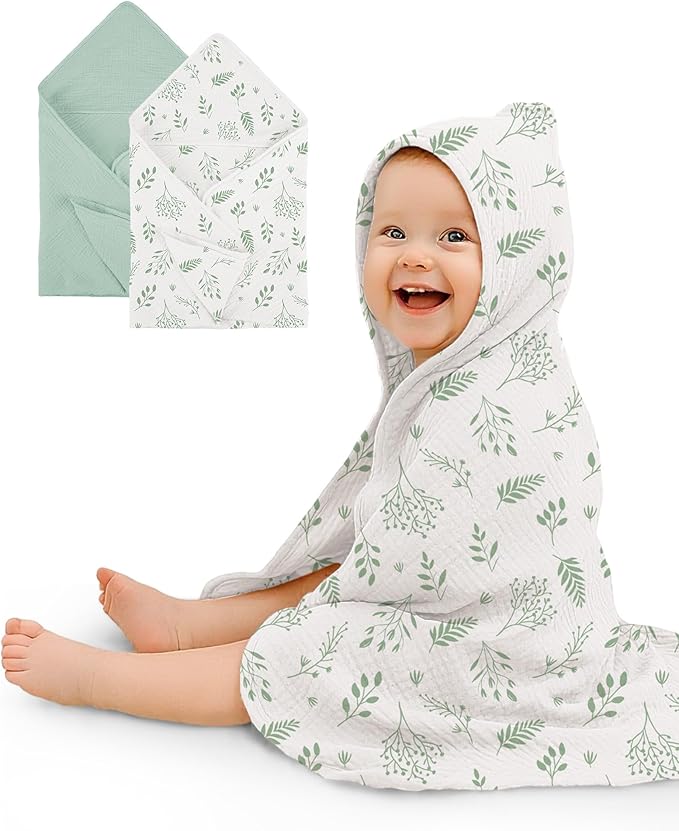 Hooded Baby Towels 2 Pack, Muslin Baby Bath Towels with Hood for Newborn Infant and Toddler, Soft Breathable & Absorbent, 32" x 32" (Fern Leaf & Sage, Lightweight)