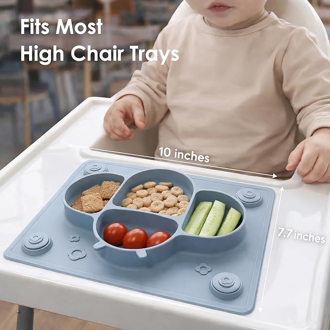ROCCED Suction Plates for Baby Placemat Spoon Fork Set for Toddlers, Silicone Baby Plates with Suction Baby Dishes for Kids Plates-grey