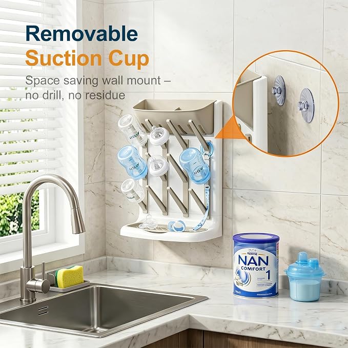 GoMaihe Baby Bottle Drying Rack: Space Saving Vertical Bottle Dryer Holder - The Large Top Compartment Storage Stand Organize Brushes Pacifiers on Countertop - BPA-Free - Gray