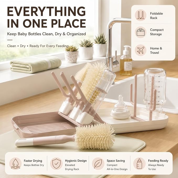 8-in-1 Baby Bottle Cleaning Kit with Drying Rack & Storage Case, Portable Silicone Bottle Brush Set for Bottles, Nipples & Straws, Travel Baby Essentials（Pink）