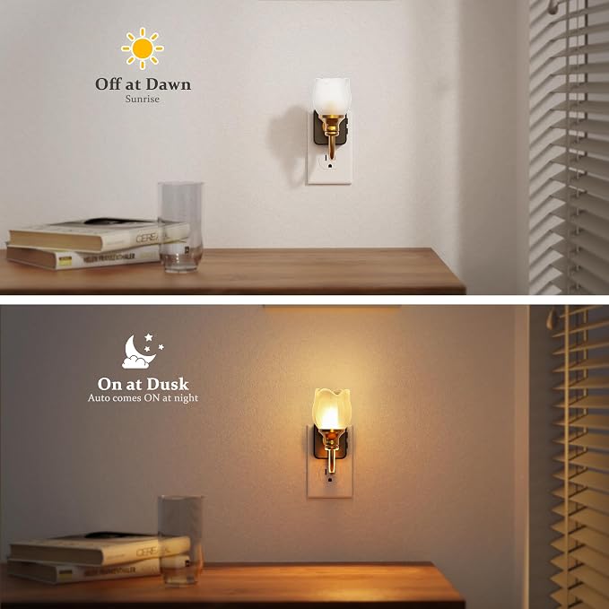 JandCase Night Light, Night Lights Plug into Wall, Glass Tulip LED Nightlight, Color Changing Dimmable Flower Nightlights, Dusk to Dawn Sensor, 180° Rotating Vintage Nite Light for Bathroom Gift Decor