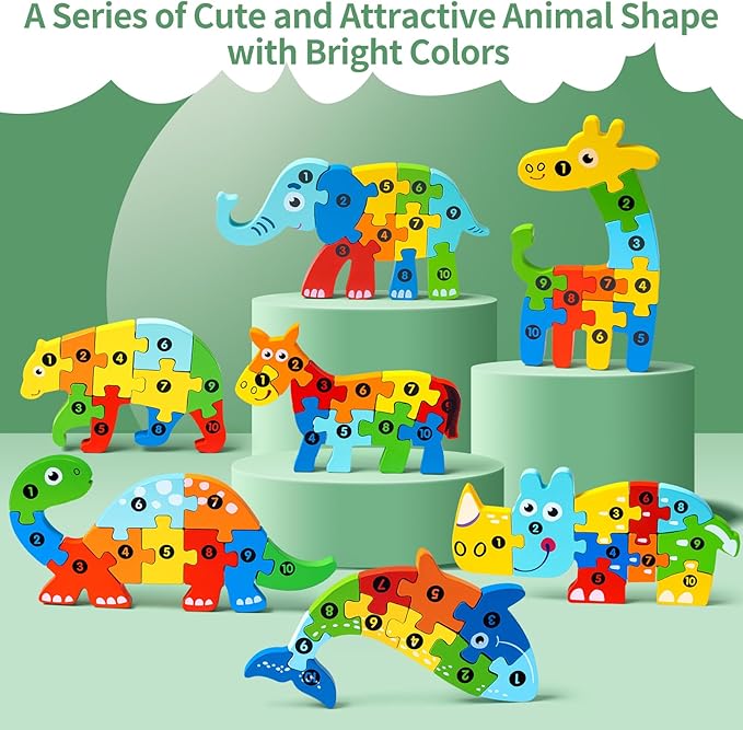 7 Pack Wooden Animal Toddler Puzzles for Kids Ages 3-5, Baby Montessori Toys for Kids Age 3 4 5 6 Years, 7 Animal Shape Learning Jigsaw Toys for 3 Year Olds Boy Girl - Easter Gifts