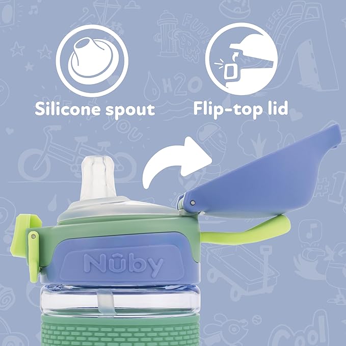Nuby Thirsty Kids Flip-It Bolt Toddler Cup with Push-Button Locking Flip-Top and Silicone Spout - 12 oz - Easy-Grip and Spill-Resistant - 18+ Months - Space