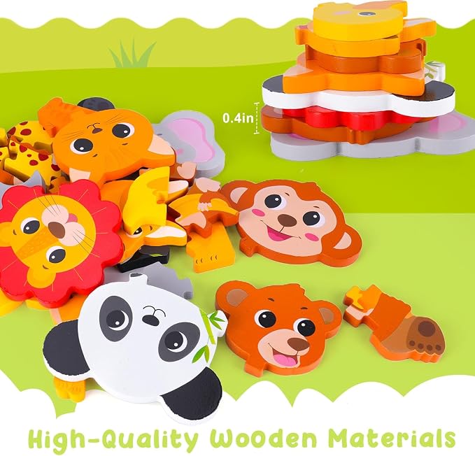 AuntyFey Wooden Puzzle for 1-3 Year Olds, 9 Pcs Baby Animal Montessori Puzzle, Ages 2-4, Learning Educational Toy