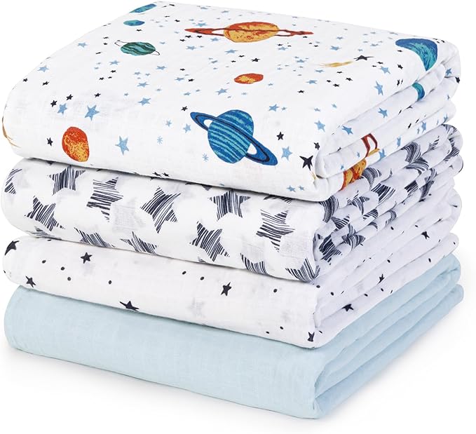 david's kids 4 Pack Baby Muslin Swaddle Blankets, 100% Cotton and Ultra Soft Breathable Receiving Blanket Wrap for Boys Girls, New Born Essentials, Large 47 x 47 inches, Space&Stars