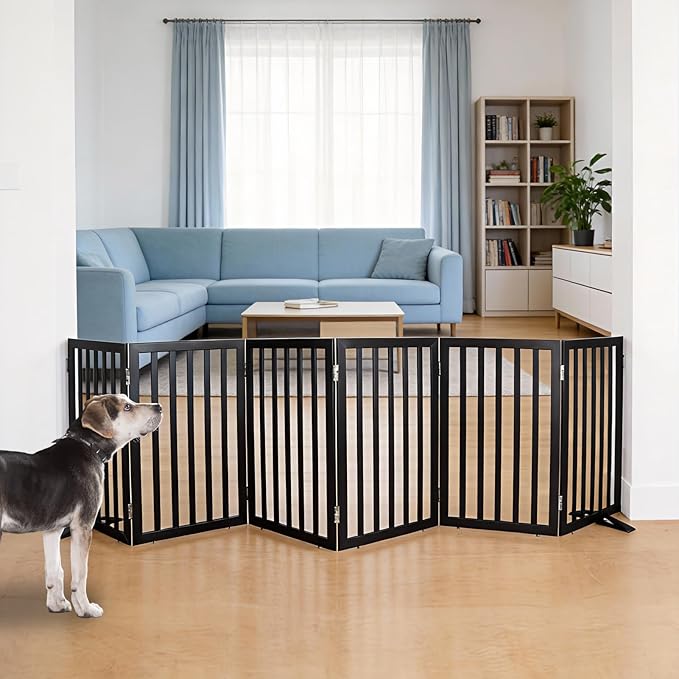Dog Gate Indoor, Freestanding Dog Fence for The House, Doorways, Hallways,or Stairs,Pet Gate Foldable Wooden,Expandable 32" Height 6 Panels,Black