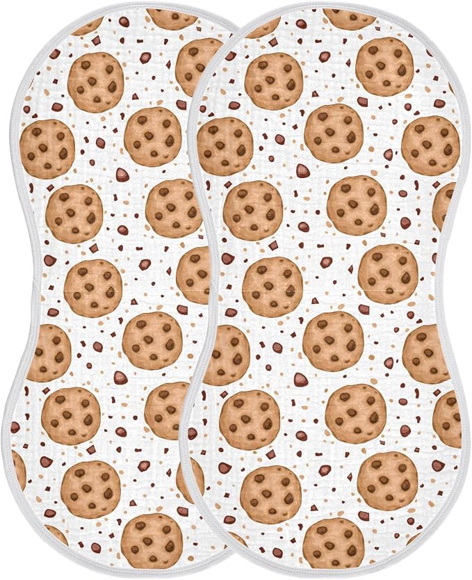 Muslin Burp Cloths for Baby Boys and Girls - 2-Pack Ultra Absorbent Chocolate Chip Cookies Muslin Washcloths, Newborn Towel, Milk Spit Up Rags, Burp Cloth Bib for Unisex, 22 x 11 Inch