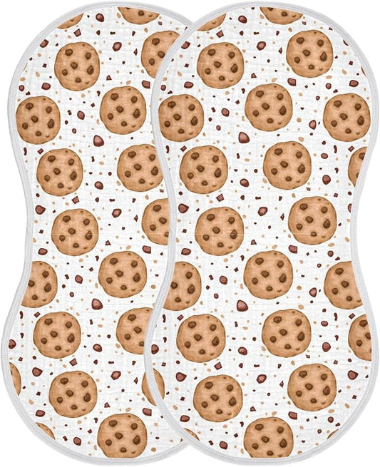 Muslin Burp Cloths for Baby Boys and Girls - 2-Pack Ultra Absorbent Chocolate Chip Cookies Muslin Washcloths, Newborn Towel, Milk Spit Up Rags, Burp Cloth Bib for Unisex, 22 x 11 Inch