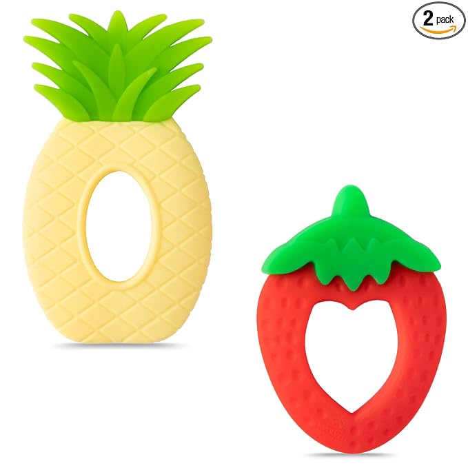 Silicone Teething Toy for Babies - 2Pcs Strawberry Grape Soft Sore Gums Pain Teether Infant Summer Fruit Themed Food Grade Teething Relief Chew Toy for Toddler Birthday Newborn 6-12 Months Baby Shower