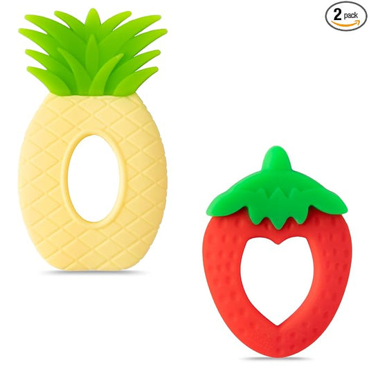 Silicone Teething Toy for Babies - 2Pcs Strawberry Grape Soft Sore Gums Pain Teether Infant Summer Fruit Themed Food Grade Teething Relief Chew Toy for Toddler Birthday Newborn 6-12 Months Baby Shower