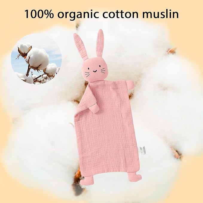 Organic Cotton Bunny Loveys for Babies,Newborn Baby Lovey Security Blanket,Lovies for Babies New Born Baby Unique Neutral Gifts Boys and Girls (Bunny1-Pink)