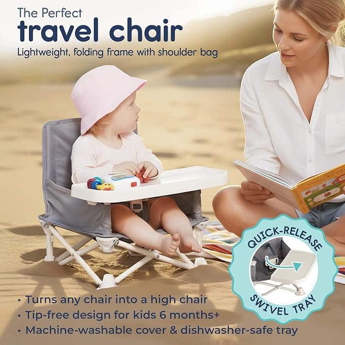 Hiccapop OmniBoost Travel Booster Seat with Tray for Baby, Dining Table, Camping, Beach, Grandma?™s | Folding Portable Tip-Free Design Straps to Kitchen Chairs