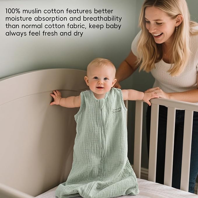 david's kids Muslin Cotton Baby Sleep Sack 12-18 Months, 2 Pack 100% Cotton Sleeping Bag for Summer, TOG 0.5 Baby Wearable Blankets with 2-Way Zipper, Soft Sleep Sacks for Newborn Infant, Forest