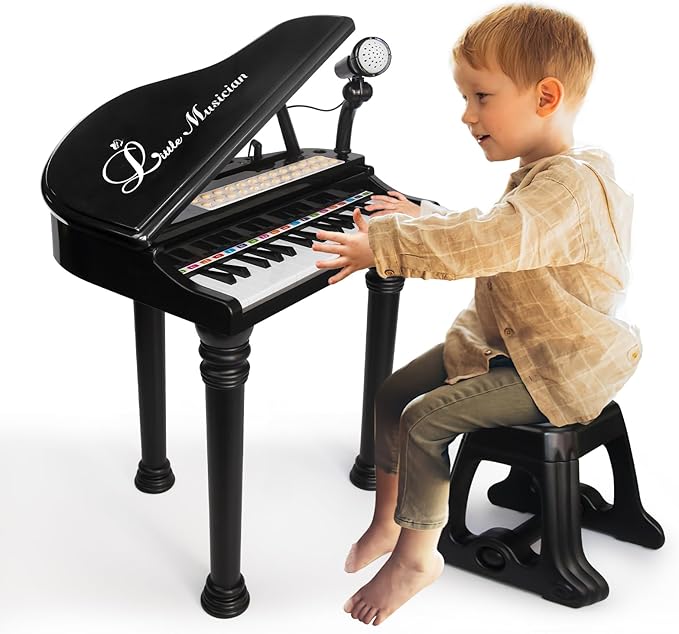 Love&Mini Piano Keyboard Toy for Kids - 31 Keys Toddlers Black Piano Toy with Microphone and Stool for Kids Age 3+ Years Old Girls Boys Birthday Gift