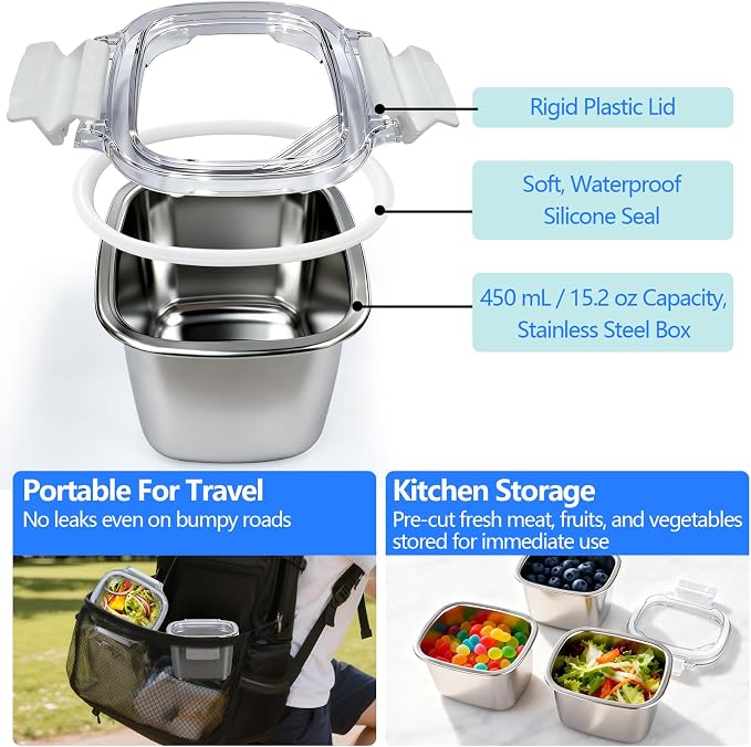 Stainless Steel Small Container with Lid - 3 Piece 15.2oz Reusable Stainless Steel Snack Containers, Leakproof Freezer Safe Metal Bento Box Fit for Portioning Snacks, Dips, and Salad
