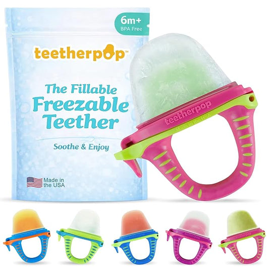 Teetherpop Fillable Freezable Teethers for Babies - Breastmilk Teether with Spill-Proof Sippy Slits ??Teething Popsicle for Baby, Liquids & Purées, Cooling Teething Relief Feeder Pacifier - PinkLimon
