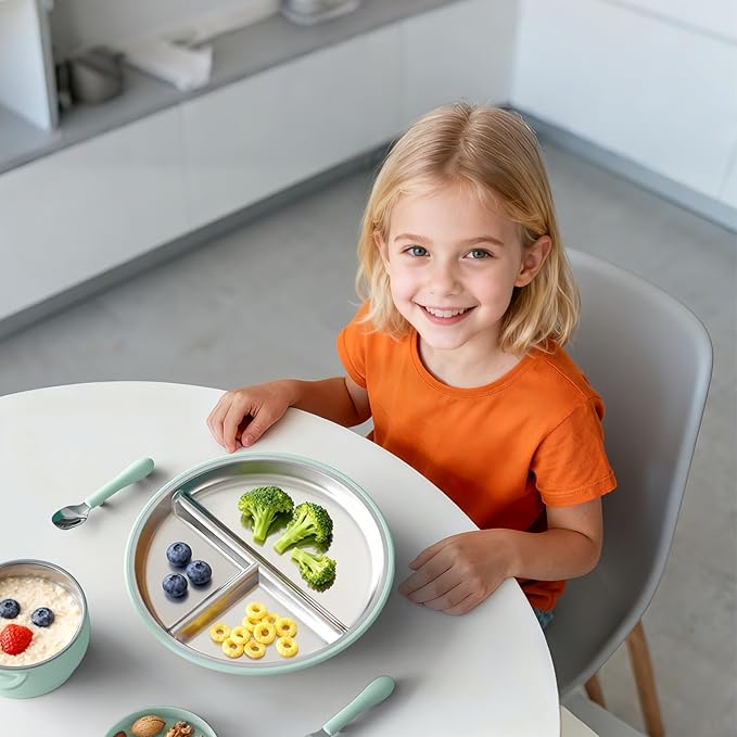 Bakpoco Stainless Steel Toddler Plate with Suction 2Pack, 9??Divided Kids Plates with Silicone Suction for Baby Self Feeding, Non Toxic Non Slip Unbreakable Snack Dishes Dinnerware Set, Blue & Sage