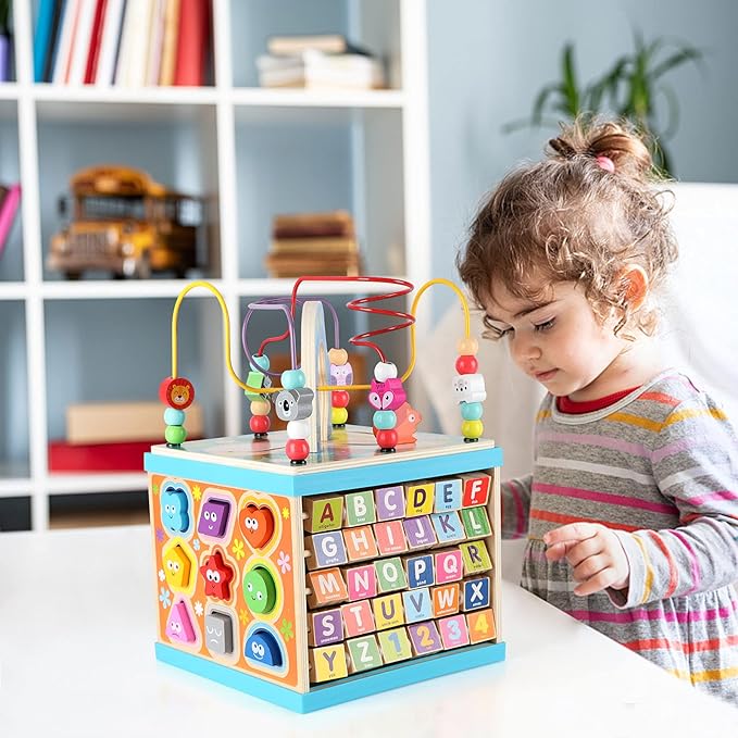 Qilay Wooden Activity Cube for Toddlers (Large), 5 in 1 Multipurpose ABC-123 Abacus Bead Maze Shape Sorter | Early Educational Toy for Toddlers - First Birthday Present for Boys Girls