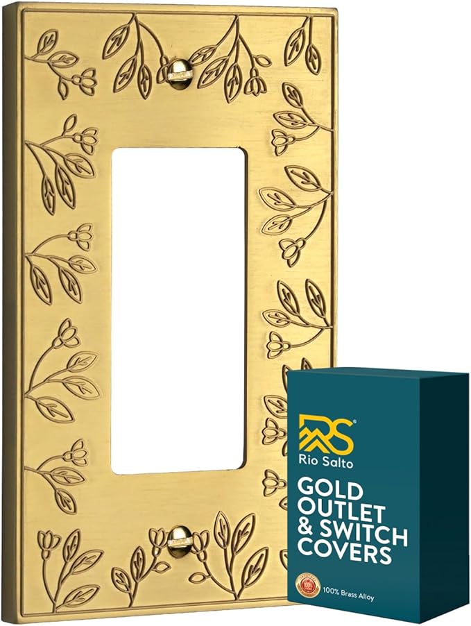 Rio Salto Floral Collection Brushed Brass Rocker Light Switch Plate, 1-Gang 5" x 3.13" Midsize Metal Wall Plates Decorative Outlet Cover Premium Heavy-Gauge Wall Plates