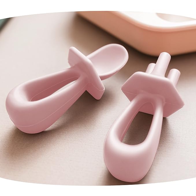 Tiny Twinkle Silicone Training Utensils - Baby Spoons and Baby Forks For Self-Feeding Training - Silicone Baby Led Weaning Utensils For Toddlers And Babies 6-24 Months - Baby Feeding Supplies (Rose)