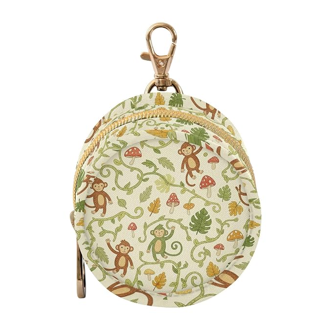 Monkeys Mushrooms Leaves Jungle Baby Pacifier Holder Case with Clip Portable Pacifier Storage Organizer Round Container Pouch Box Fits Diaper Bag Stroller Purse