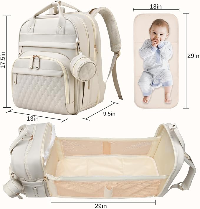 Leather Diaper Bags with Changing Station，Baby Bag，Large Capacity Diaper Bag Backpack for Moms Dads,Waterproof Diaper Backpack（Beige）