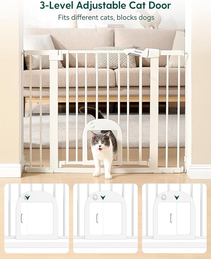 Babelio Baby Gate with Cat Door, CatPrivilege ?? Extra Wide 29-55" Cat Gate, 30" Tall Pressure Mounted Safety Gate for Large Openings, Stairs & Doorways, Auto Close, White