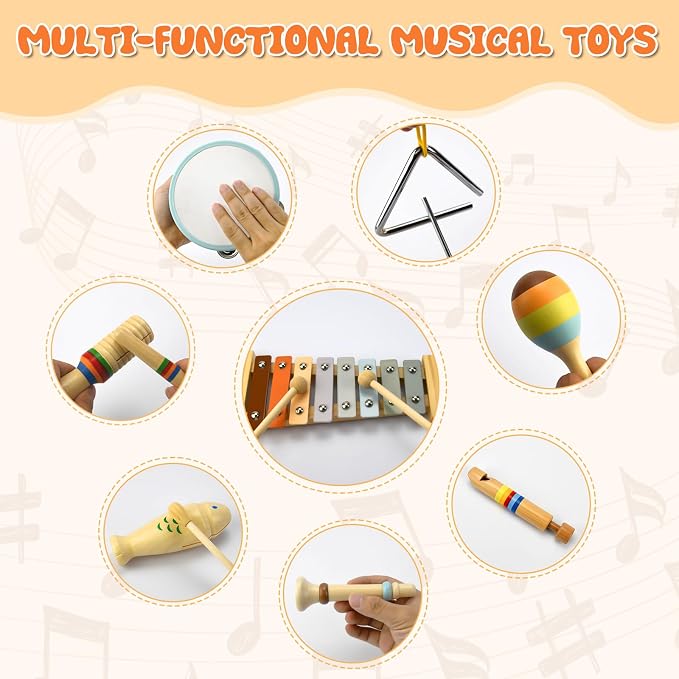 Baby Musical Instruments-Montessori Wooden Toys for Toddlers 1-3 Neutral Colors Percussion Instruments Set with Modern Boho Xylophone for Kids Preschool Educational,Includes Storage Bag