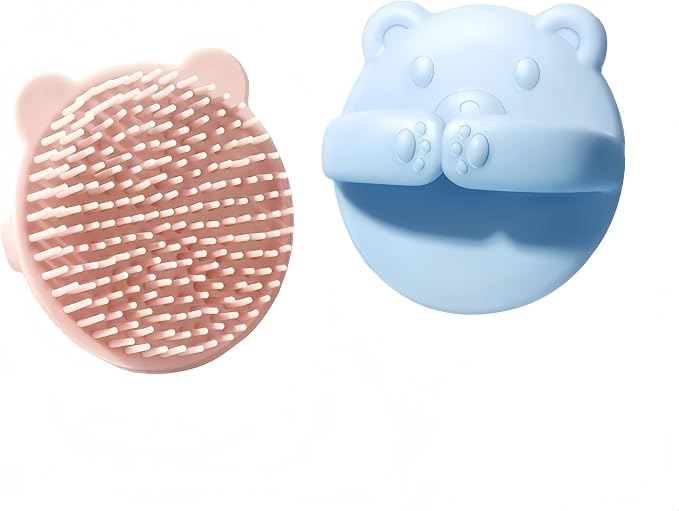 Baby Bear Shampoo Comb, Silicone Bristles, Newborn Dandruff Comb (Pink+Blue)