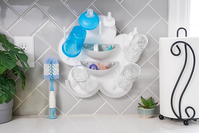 The Bottle Blossom- Wall Mounted Baby Bottle Drying Rack for Bottles, Cups, Sippy Cups, Vertical Wall Hanging, Space Saving, Large Capacity Baby Essential, 2 Adhesive Hooks Included (Gray)