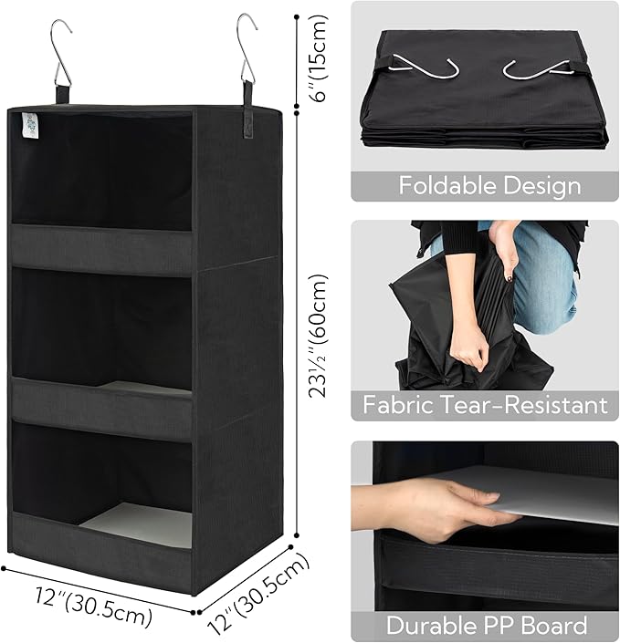 GRANNY SAYS Hanging Closet Shelf, 3-Shelf Foldable Hanging Organizers and Storage, Hanging Organizer for Camper Organization, Black, 2-Pack