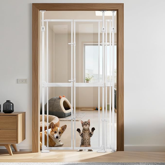 NiceTCU 74.80-98.43'' Extra Tall Cat Gate, Adjustable 33.86-37.40" Wide, Transparent Full Door Pet Gate, Auto Close No Drilling Cat Proof Safety Gate for Doorway Stairs- White