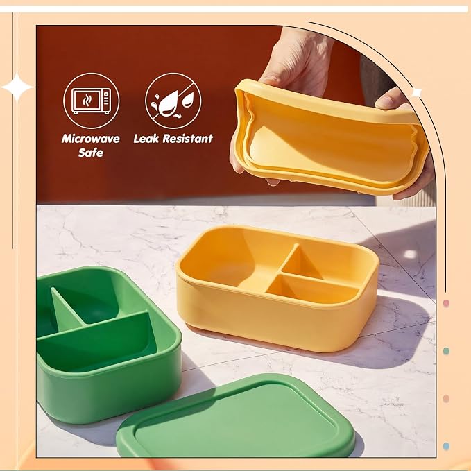 Layhit 2 Pcs Silicone Bento Box for Adults, 27 oz Bento Lunch Container Reusable Food Container for Women Men, Leak Proof Microwave Dishwasher Freezer Safe (3 Compartments,Green,Yellow)
